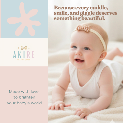 Baby lying on a soft surface with a quote about cuddles and smiles, featuring the brand 'AKIRE'.