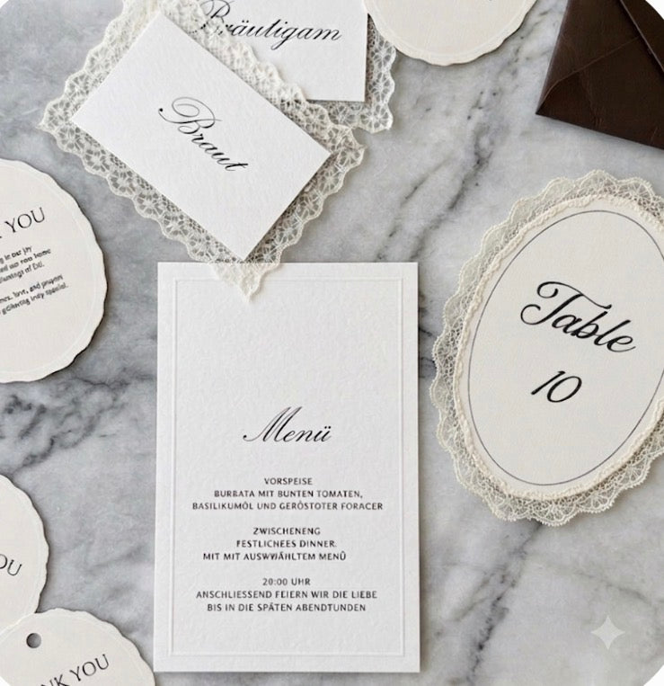 Elegant Lace Name Tags, Table Numbers & Menu Cards – Wedding & Event Stationery Set